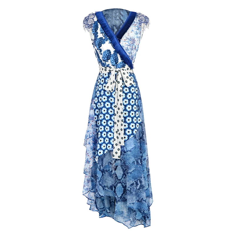 High Quality Unique V Neck Tassel Accessories Maxi Chiffon Asymmetrical Cap Sleeves OEM Blue Color Blended Wrap Floral Dress