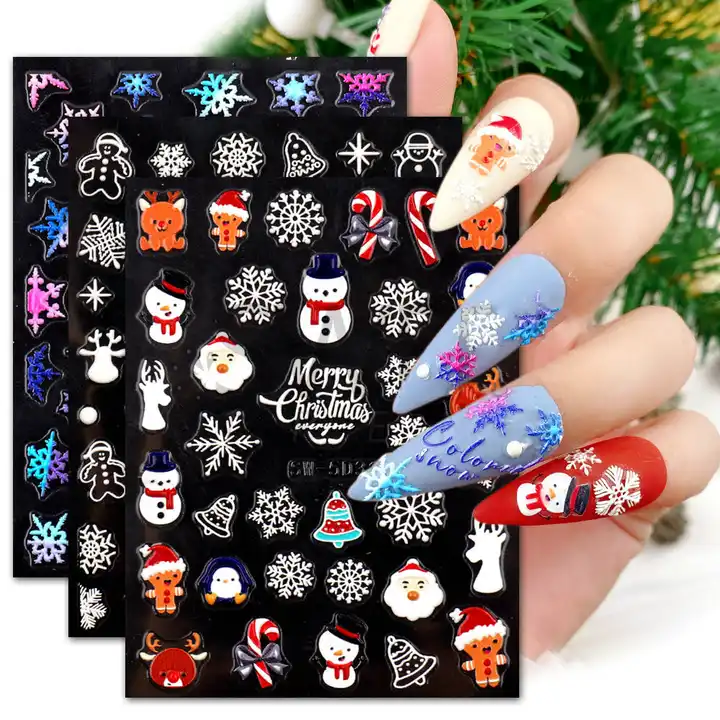Pink Snowflake Nail Wraps / Christmas Holiday Winter Nail Polish Strips /  Gold Star 3D Flower Overlay Nail Stickers / New Years Nail Wraps