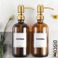 Bouteilles distributrices rondes en verre ambré de 8 oz et 16 oz avec pompe pulvérisateur et système de fermeture pour savon liquide, shampoing et lotion corporelle