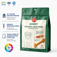 Sachet d'emballage alimentaire pour animaux de compagnie en plastique à fond plat, à fond carré, refermable avec fermeture éclair, imprimé par gravure, à 8 soudures latérales