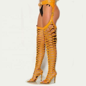 Bottes longues ajourées pour femme, talons hauts, au-dessus du genou, avec ceinture, bout pointu, sandales d'été - Product Image 3