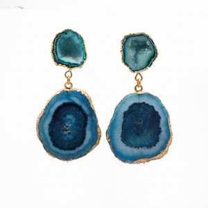 Boucles d'oreilles pendantes de créateur Nouvelle tendance Bijoux Géode naturelle Druzy & Quartz solaire Pierre précieuse Vente en gros de bijoux plaqués or faits à la main Vert Bleu - Product Image 1