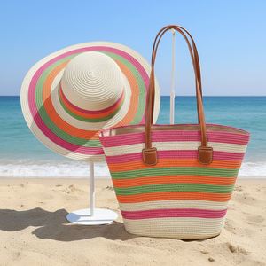 Nouveau sac de plage rayé coloré d'été, grand sac fourre-tout en paille avec fermeture éclair et ensemble chapeau pour les voyages en plein air - Product Image 2