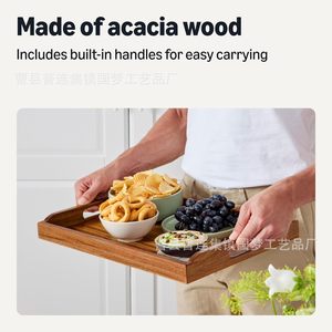 Bandeja de servir rectangular de madera estilo japonés con asa para té, frutas y aperitivos, de madera maciza para uso en restaurantes. - Product Image 2