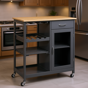 Carrello da Cucina Grigio con Portabottiglie, 4 Ripiani e 1 Cassetto, Carrello Moderno in Metallo - Product Image 2