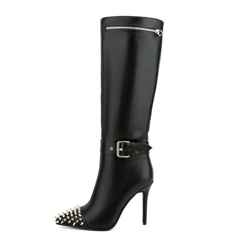 New Pointy Toe Metal Rivets High Thin Heel Long Booties Side Zipper Fashion Buckles Solid Knee High Boots For Women