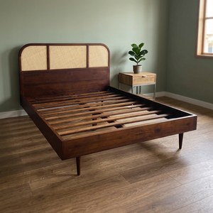 Cadre de lit en bois avec panneaux en rotin, lit plateforme marron, meubles de chambre à coucher - Product Image 3