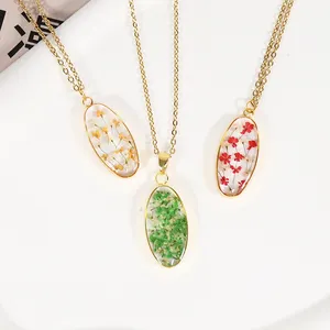 Hotsale Oval Pressed Flower Chain Necklace Gold Women High Quality Dried Flower Necklace