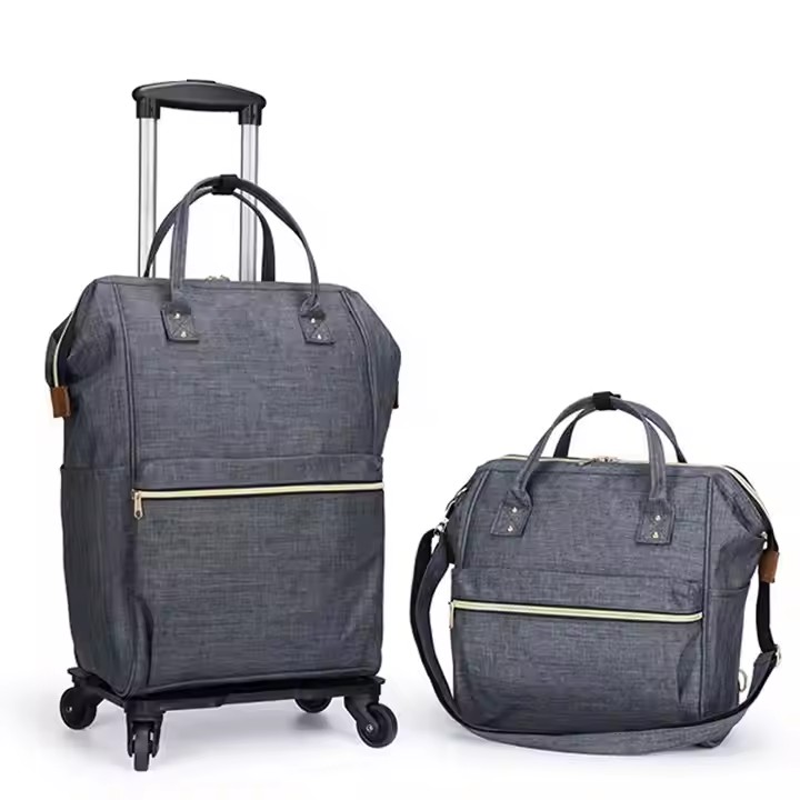 Custom Fashionable Nylon Student Carry-On Travel Kit with Pull Rod Geometric Pattern School Luggage Trolley Bag Zipper Closure