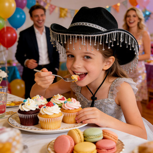Sombreros de fiesta para madre e hija ZhenXi, sombrero de ala ancha con borlas y diamantes de imitación, talla para niños y adultos, 54 cm, 56-58 cm, sombrero de jazz para festivales - Product Image 2