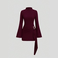 Robe Mini Moulante Tricotée à Col Montant et Manches Évasées pour Femme OEMODM, Froncée avec Ceinture Asymétrique à Nouer, Idéale pour Soirées et Clubs, Vente en Gros
