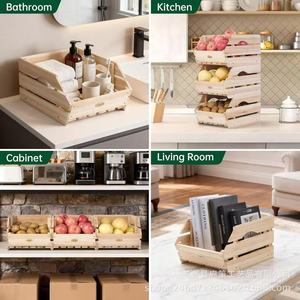 Cesta de Almacenamiento de Madera de 3 Niveles, Apilable, Rectangular, de Madera Maciza, para Cocina, Sala de Estar, Baño, Uso Multiusos - Product Image 1