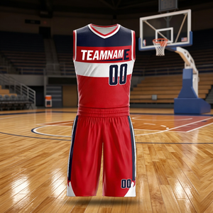 Ensemble de maillots de basket-ball professionnels personnalisés, nom de l'équipe imprimé, sans manches, taille élastique, rouge, blanc, marine, maille respirante, unisexe, adulte - Product Image 3