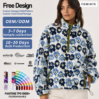 Produsen Jaket Sherpa Fleece Logo Kustom Jaket Sherpa Fleece Polar Jacquard Berwarna Biru dengan Motif Bunga yang Diwarnai Benang, Hangat untuk Musim Dingin, Tersedia dalam Stok