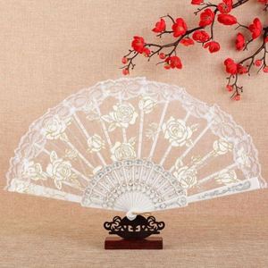 Hot Sale Fashion Foldable Lace <b>Edge</b> Rose PP Hot Stamping <b>Plastic</b> Bone Hand Fan 23x42.5cm Custom Tags for Wedding Gift - Product Image 3