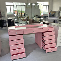 Vente en gros d'usine, table de maquillage moderne de style américain, écologique, en acier inoxydable rose, avec miroir en verre blanc, LED