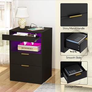 Yusong Night Stand Modern Wood <b>LED</b> Lighting <b>Bedside</b> <b>Table</b> with Charging Station 13.8D x 15.8W x 23.6H Inches - Product Image 6