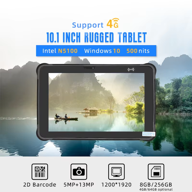 Industrial 10.1 Inch Tablet PC Windows 10 Intel N5100 8GB RAM 256GB ROM 5.8G IP65 Waterproof WiFi HDMI 4G Handheld Rugged Tablet