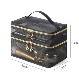 Bolsa de Maquillaje Personalizada de Malla Transparente de Poliéster con Asa Suave, a la Moda, Portátil, con Cierre Grande, para Cosméticos de Mujer - Product Image 1