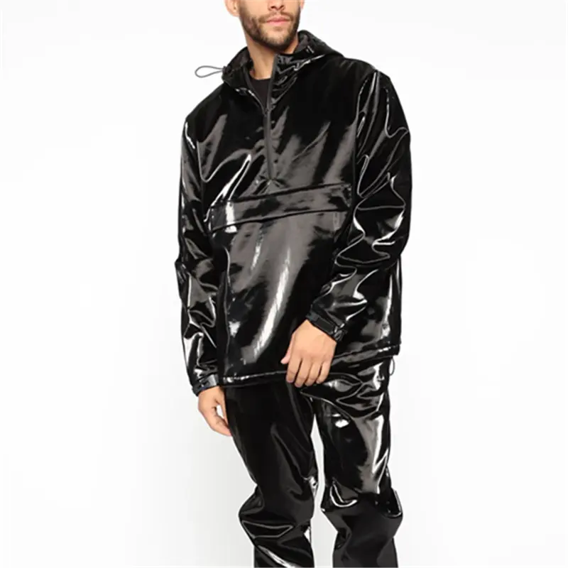 Sweat à capuche en vinyle uni demi-fermeture éclair pour hommes, vêtement de rue, veste de pluie en PU, à la mode, collection 2021