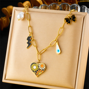 Stainless Steel Heart Daisy Lightning Bow Pendant Chain Necklace With Charms For Fashion Jewelry - Product Image 1