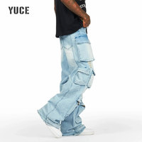Fabricant de denim sur mesure, jeans cargo larges et amples pour hommes, bleu clair, multi-poches, ourlet zippé déchiré, streetwear, jeans cargo pour hommes