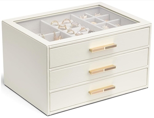 Joyero para mujer, organizador de joyas con tapa de cristal, <span class=keywords><strong>almacenamiento</strong></span> de 3 cajones, regalo de cumpleaños de Navidad, boda, <span class=keywords><strong>nube</strong></span>, blanco, lujo, elegante - Product Image 2