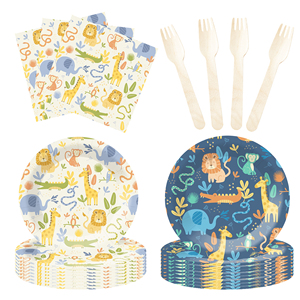 DAMAI - Juego de Vajilla Desechable para Fiestas Infantiles con Temática de Animales, Platos, Vasos y Servilletas de Papel con Diseño de León y Jirafa - Product Image 3