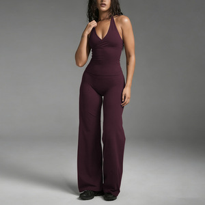 Lot de 2 pièces de vêtements de sport et de yoga à col halter en V profond, pantalon évasé taille haute, séchage rapide - Product Image 2