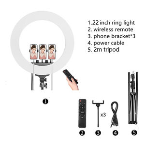 Anneau vidéo de 22 pouces Dimmable 3 anneaux de support de téléphone Tiktok <span class=keywords><strong>56</strong></span> <span class=keywords><strong>cm</strong></span> Station lumière support mural pour barbier éclairage photographique - Product Image 5
