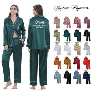 Logotipo de alta calidad personalizado fiesta nupcial novia dama de honor mujeres seda satén manga larga pijama conjunto - Product Image 1