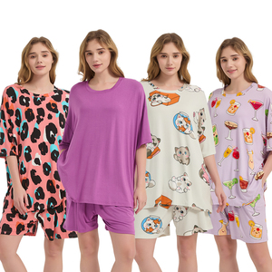 Factory Wholesale Custom Summer Cooling 2Pcs Bamboo T-shirt Stretchy Sleep Tee Sets Oversized Sleep Tees Pajamas Homewear