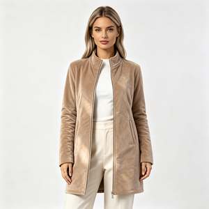 Veste longue zippée en <span class=keywords><strong>velours</strong></span> à col montant pour <span class=keywords><strong>femme</strong></span>, <span class=keywords><strong>manteau</strong></span> extérieur en polyester à manches longues pour l'automne et l'hiver, idéal pour le quotidien et le bureau – Sehe Fashion - Product Image 1