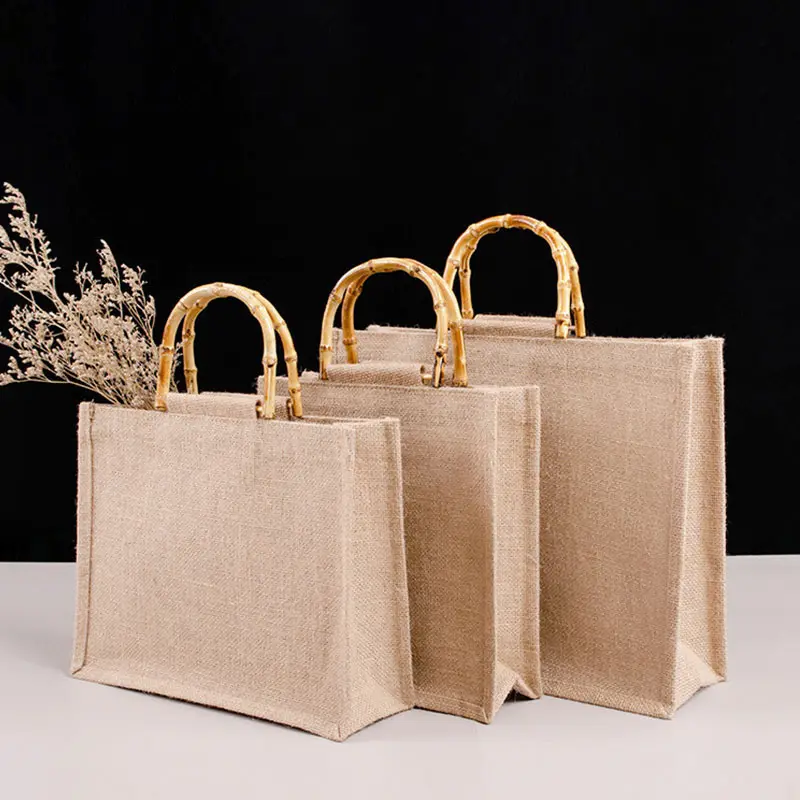 HANSUN Reusable logo linen durable capacity laminated burlap 100% jute tote bag gift grocery shopping with bamboo handle