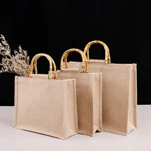 HANSUN Reusable logo linen durable capacity laminated burlap 100% jute tote bag gift grocery shopping with bamboo handle