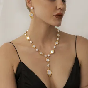 Collier de haute qualité, boucles d'oreilles, vente en gros exquis ensemble de perles en plaqué or 18 carats, bijoux