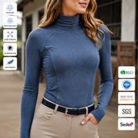 Haut d'équitation en maille à col montant pour femme, coupe ajustée, manches longues, respirant, séchage rapide, chemise d'équitation, couche de base d'entraînement