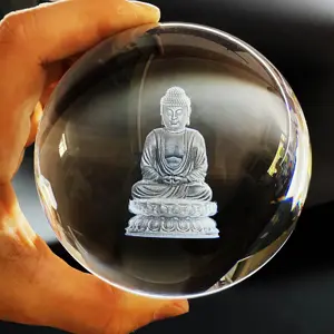 Engraved Crystal Ball Glass Sphere For Souvenirs Gift Buddha 3d Laser Crystal Ball With Light Base