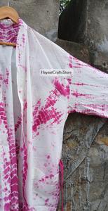 Women's <b>Pink</b> Tie Dye Full Length Robe V-Neck Three Quarter Sleeve Soft Woven Cotton Casual Sleepwear - Product Image 3