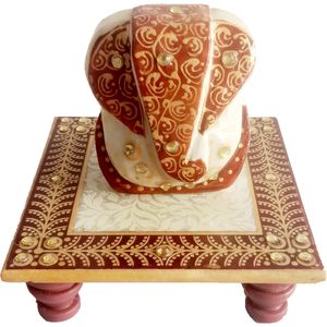 หัตถกรรม parijat หรูหราเก๋ๆหินอ่อน Pooja chowki กับพระพิฆเนศสำหรับวัดพูจาที่บ้านหรือสำนักงาน (Pooja-chauki-01) - Product Image 2