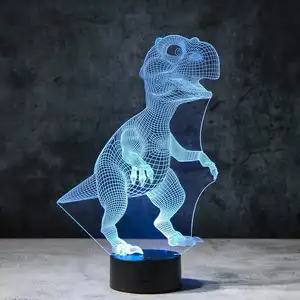 Luz noturna led de dinossauro, toque de madeira base de luz noturna 3d usb lâmpada de ilusão com design personalizado