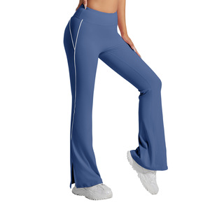 Pantalones de yoga acampanados de cintura alta con abertura lateral y rayas laterales, elásticos en cuatro direcciones, de nailon y elastano, para mujer, para fitness y danza. - Product Image 1