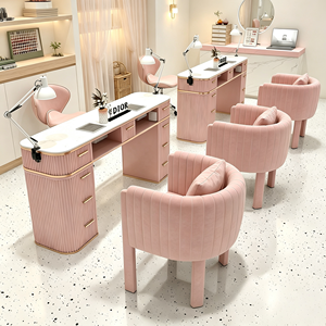 Ensemble de table à ongles rose cannelée avec plateau en marbre, bureau de manucure pour salon de beauté avec tiroirs, poste de travail moderne pour salon de beauté avec accessoires assortis - Product Image 1