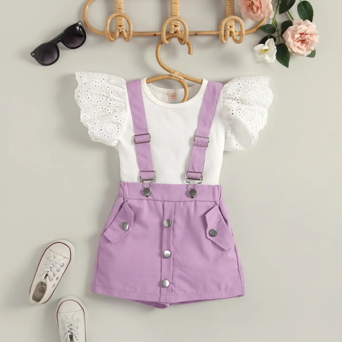 kinderkleidung sommer großhandel baby mädchen fliegen Ärmel overall shorts kinderkleidung sets für mädchen kinder