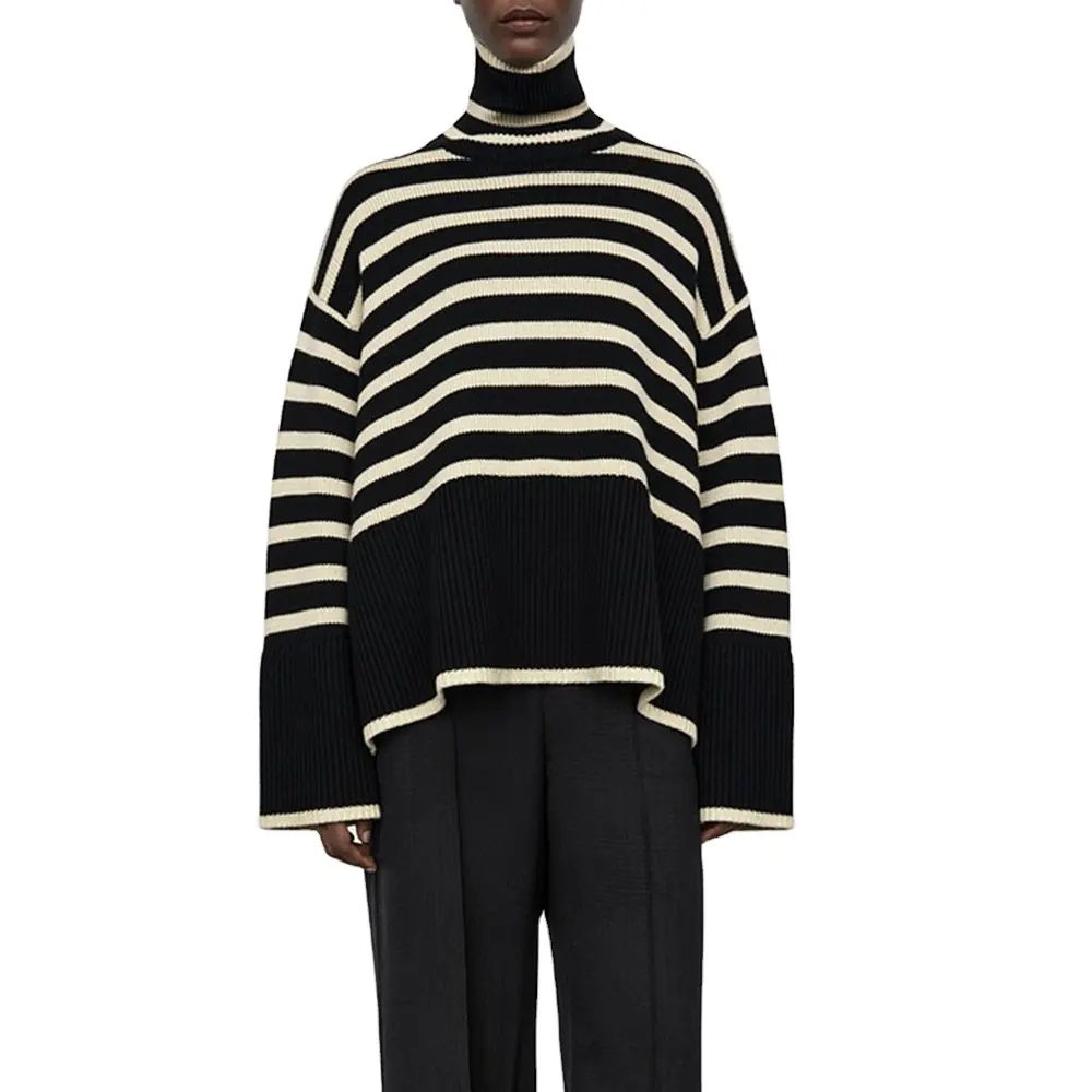 Autumn Winter turtleneck Striped knitted wool sweater Oversize new arrivals classic look pullover