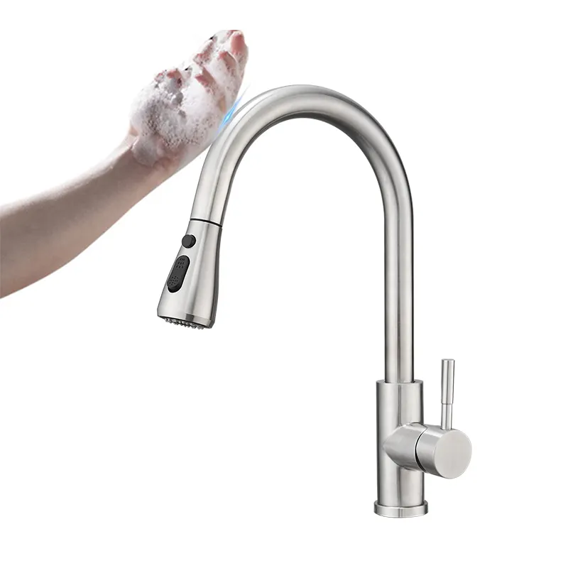 High Quality Nickle Brushed 304 Stainless Steel One Touch On Kitchen Faucet Pull Out Touch Sensor Wa