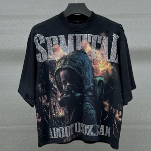 QIANSHI <span class=keywords><strong>Hip</strong></span> <span class=keywords><strong>Hop</strong></span> Taşlı Eskitme Yıkama Tişört Yüksek Kaliteli Grafik Baskılı Bol Kesim Tişört Tasarımcı Büyük Beden Erkek Tişörtleri - Product Image 3