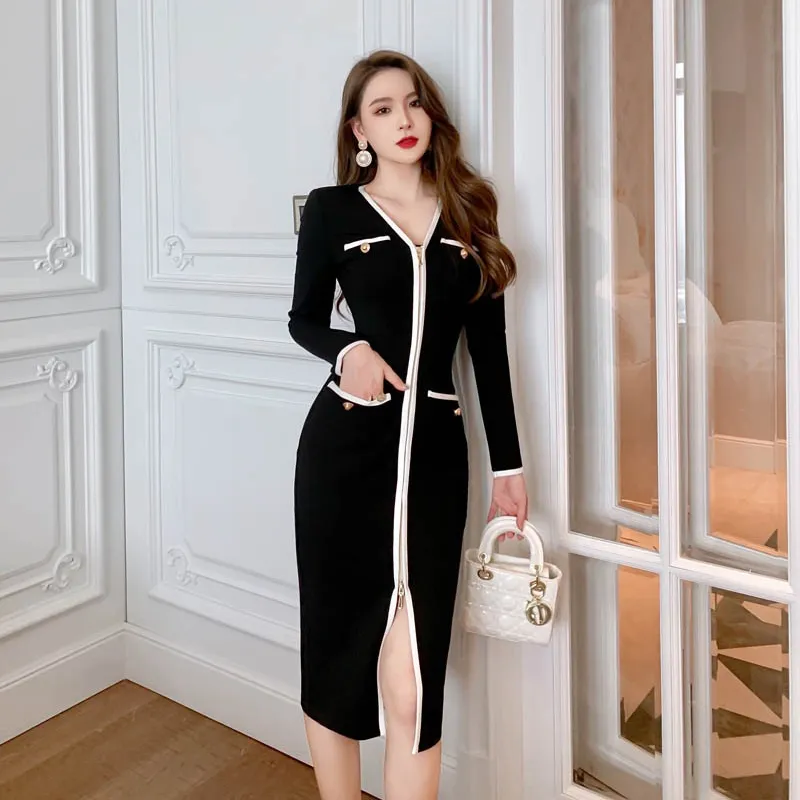 ZYHT 2023 4649 Spring Winter Ladies New Black Solid Color Sexy Women Dresses Casual Elegant Knit Bodycon Dress