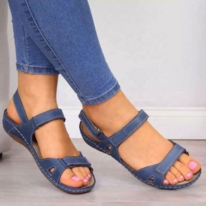 Sandales plates en cuir de luxe pour femmes, style été, avec fermeture <span class=keywords><strong>velcro</strong></span>, tongs ouvertes, pantoufles - Product Image 4