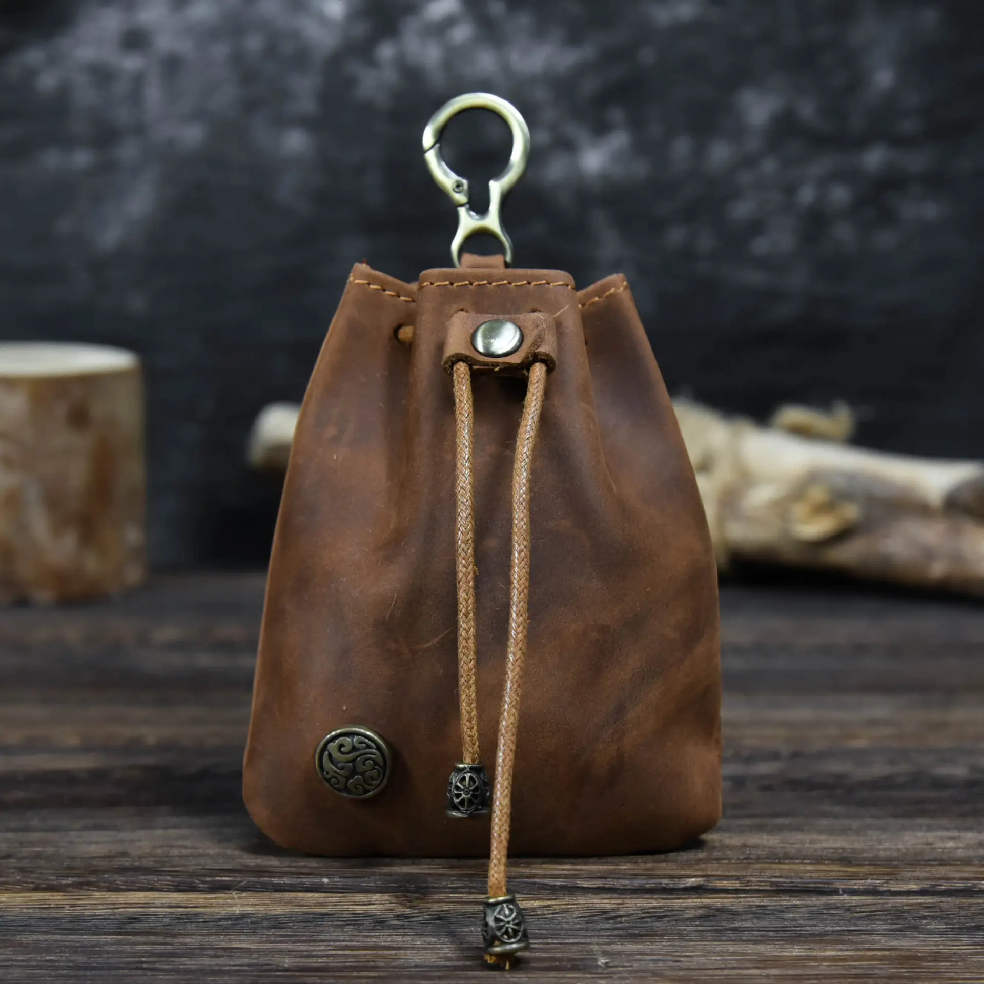 Vintage Drawstring Bag Genuine Leather Coin Purse Pouch With Buckle For Men and Women
